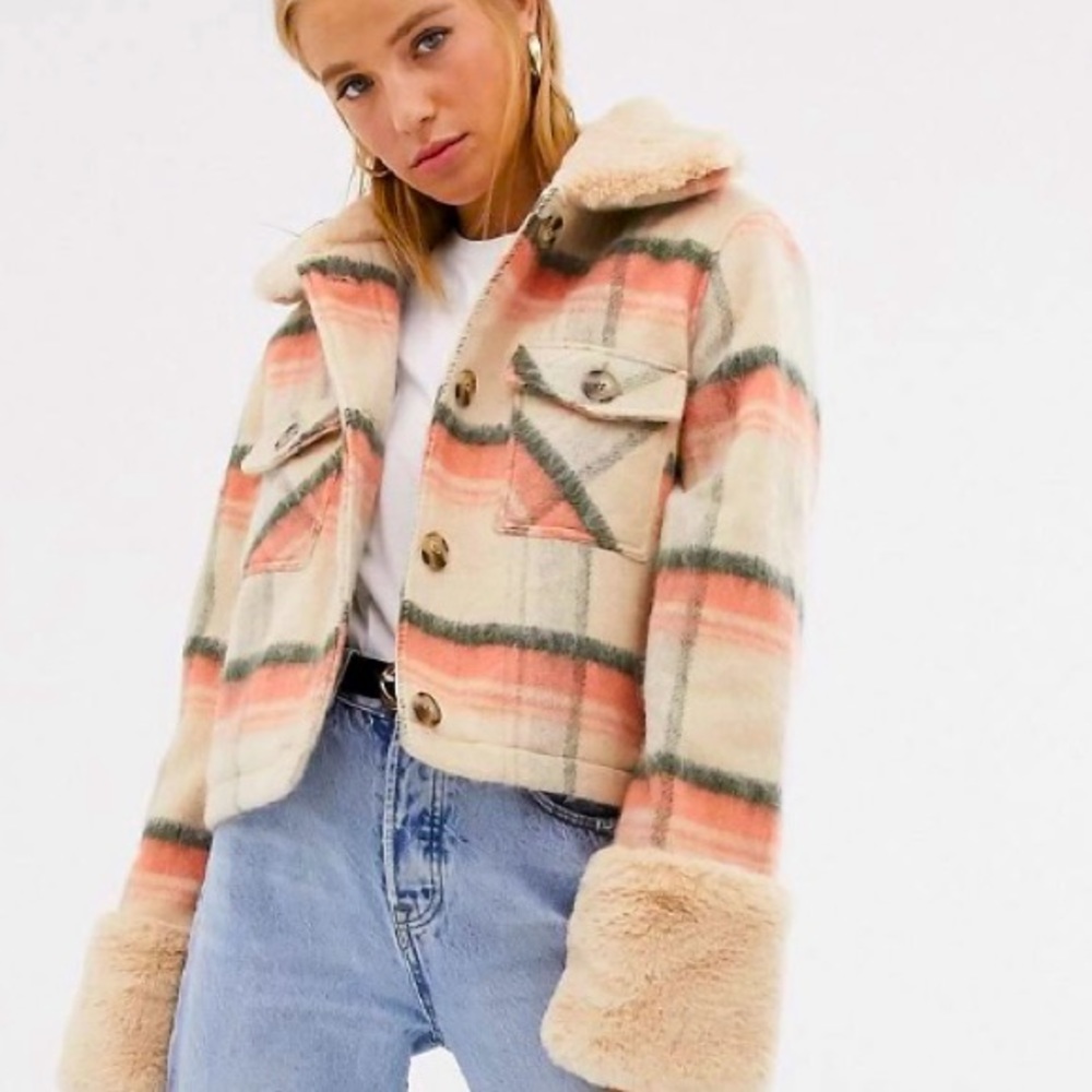 ASOS Urban Bliss Check Jacket w Faux Fur Trim